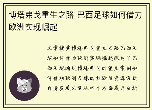 博塔弗戈重生之路 巴西足球如何借力欧洲实现崛起